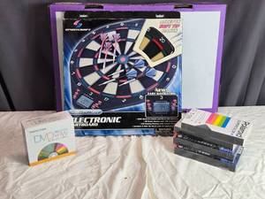 lot 179 image: Sportcraft Electronic Dartboard with Soft Tip Darts and Blank DVDs and VHS Tapes