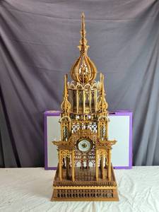 lot 183 image: Ornate Wooden Scroll Saw Clock Tower with Intricate Detailing, Approximately 30 Inches Tall