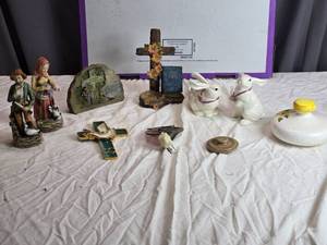 lot 192 image: Collection of Decor Items Including Figurines, Cross, and Bunnies