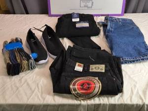 lot 195 image: Lot of Mens Apparel Arizona Jeans (38x30), George Dress Pants (38x30), Denim Jeans (30), Memory Foam Shoes (Size 9.5), and 4 Pairs of Columbia Crew Socks