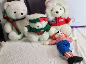 lot 196 image: Set of 3 Plush Holiday Bears and Vintage Rag Doll