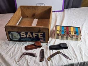 lot 207 image: Lot of Vintage Pocket Knives with Leather and Metal Cases, Cigar Box, and Wooden Crate