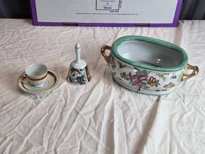 lot 209 image: Vintage Japanese Ceramics Set including Covered Dish, Bell, and Teacup