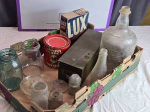 lot 210 image: Collection of Vintage Glass Bottles, Cans, and Containers