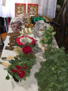lot 219 image: Collection of Christmas Decorations Including Ornaments, Wreath, and Mini Trees