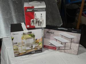 lot 244 image: 3-Piece Kitchen Set Including 6-Piece Condiment Set, Beverage Dispenser, and 3-Tier Serving Plate Set