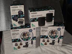 lot 246 image: Lot of Nizoni Bluetooth Wireless Earbuds, Speakers, and USB Selfie Ring Light