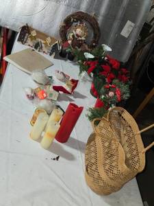lot 258 image: Mixed Lot of Holiday Decor Items Including Candle Holders, Wreath, and Christmas Book