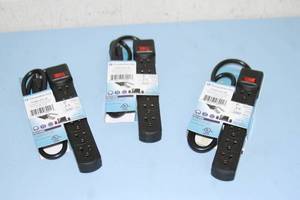 lot 118 image: Lot of 3 - NEW - Comprehensive 6-Outlet Black Surge Protector Power Strip with 3 AC Cable  Cord