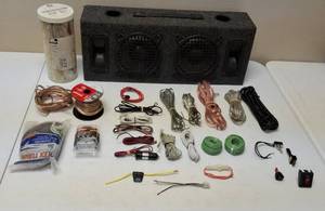 lot 56 image: Car Stereo Speakers & Assortment of Switches, Flex Tubing, Tie Wraps, & Miscellaneous