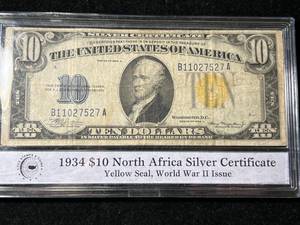 1934 YELLOW SEAL $10 NORTH AFRICA SILVER CERTIFICATE