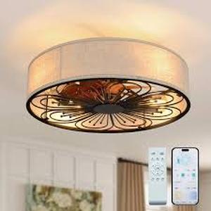 TOZING 19.6 in. Indoor Bronze Low Profile Fabric Farmhouse Caged Enclosed Flush Mount Ceiling Fan with Light Kit and Remote