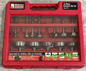 lot 29 image: HICKORY Woodworking 16-Piece Forstner Bit Set (FBS-1016) - Missing 1 and 58 Bits