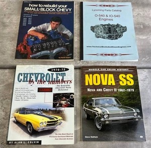 lot 85 image: Chevy Car Reference Books and Vintage Lycoming Parts Catalog in used condition