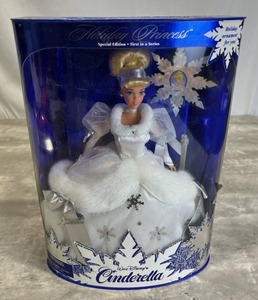 lot 102 image: NOS Sealed Vintage 1996 Disney Fairytale Cinderella Holiday Princess Barbie Doll with some box wear