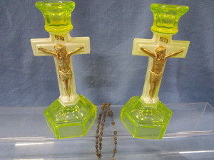 Vaseline Glass Crucifix Candle Stands