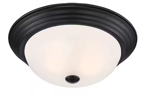 lot 139 image: Designers Fountain 13 in. 2-Light Oil Rubbed Bronze Interior Ceiling Light Flush Mount with Etched Glass Shade