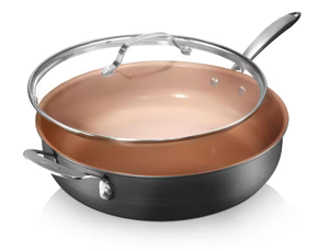 lot 324 image: Gotham Steel Professional 5.5 qt. Aluminum Ti-Ceramic Non-Stick Deep Saute Pan with Glass Lid and Helper Handle