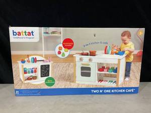 lot 337 image: Battat Two n One Wooden Kitchen Caf with Dishes and Chalkboard, Toddler and Preschool Toys