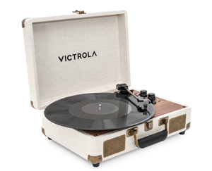 lot 243 image: Victrola Venture Bluetooth Portable Mid-Century Modern Suitcase Record Player with 3-Speed Turntable & Built-in Speakers  Oak