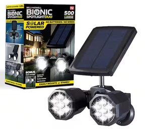 lot 250 image: Bell  Howell Solar Powered Motion Activated Integrated LED Black Outdoor Bionic Spotlight Duo Area Light