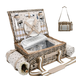 lot 357 image: 19Pcs Picnic Basket for 2 with Insulated Liner and Waterproof Picnic Blanket Wine Pouch Full Cultery for Camping, Outdoor, Valentine Day, Christmas for Couples