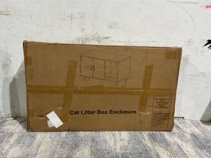 lot 55 image: Wooden Cat Litter Box Enclosure & House, Kitty Hidden Washroom, with End Table Design, Scratcher, & Magnetic Doors, White
