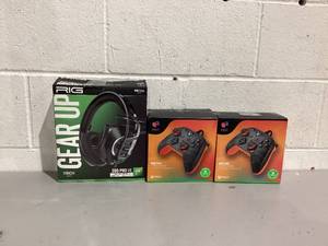 lot 504 image: LOT OF 2 PDP Neon Carbon Xbox Controllers with Rig Gear up Headset