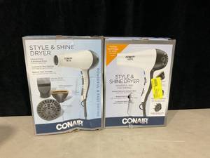 lot 711 image: LOT OF 2 Conair Style & Shine Thermal Tourmaline & Ceramic Hair Dryer, Ionic, 1875 Watts