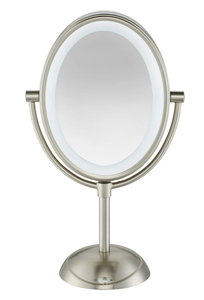 lot 381 image: LOT OF 2 Conair Double-Sided Lighted Vanity Mirror with LED Lights, 1x7x Magnification, Satin Nickel, BE157