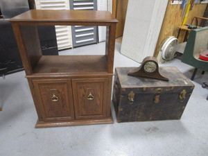 lot 96 image: TV Stand, Vintage Trunk & Clock