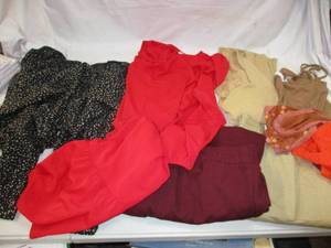 A cart load of womens clothing. Siz...