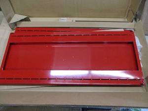2 red 36 steel shelves. Shelves on...