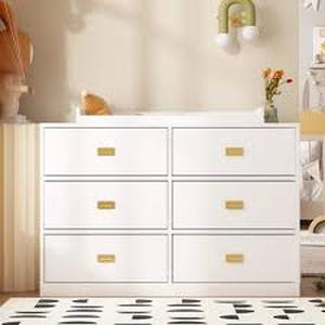 lot 27 image: FUFU&GAGA White 6-Drawers 45.1 in. Width Changing Table, Kids Dresser, Nursery Storage Organizer with Shelf     Customer Returns See Pictures