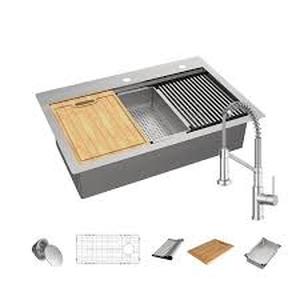 lot 32 image: Glacier Bay Dolancourt Tight Radius 33 in. Drop-In Single Bowl 18G Stainless Steel Workstation Kitchen Sink with Spring Neck Faucet   Customer Returns See Pictures