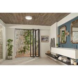 lot 34 image: Broan-NuTone Roomside Series Decorative White 80 CFM Ceiling Bathroom Exhaust Fan with Round LED Panel and Beveled Frame Customer Returns See Pictures