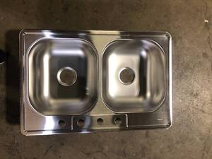lot 9 image: Elkay Dayton 33 in. Drop-in Double Bowl 22-Gauge Stainless Steel Kitchen Sink Only  Customer Returns See Pictures
