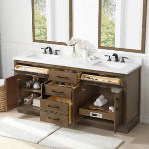 lot 3 image: OVE Decors 72 Alonso Vanity in Almond Latte with Engineered Stone Countertop and Backsplash Included Retail $1999.99