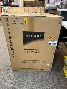 lot 32 image: SHARP Smart Dishwasher Works with Alexa. Includes LED Interior lights, Stainless Steel interior, Heated Dry with Fan Assist, Wash Zone cleans half load on either rack, Adjustable Third Rack retail price $1149 - Shipping Damaged See Pictures