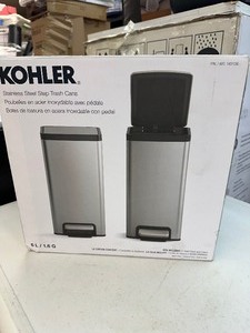 lot 172 image: 2 New Kohler 6L Mini Step Trash Cans - Stainless Steel - 1 of them Damaged See Pictures