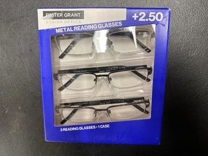 lot 283 image: 3 Pack of Design Optics By Foster Grant Metal Reading Glasses 2.50 Open Box New