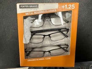 lot 281 image: 3 Pack of Design Optics By Foster Grant Metal Reading Glasses 1.25 Open Box New