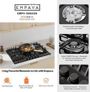 lot 9 image: Empava 30 in. Gas Stove Cooktop 5 Italy Sabaf Sealed Burners NGLPG Convertible in Black Tempered Glass, 39000BTU 30 Inch