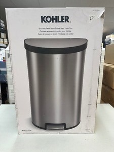 lot 91 image: Kohler 45L Stainless Steel Semi-Round Step Trash Can - Like New Dent In Top