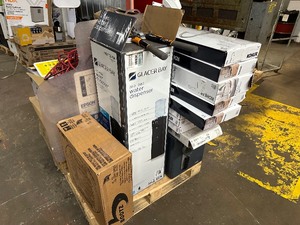 lot 369 image: Pallet of Untested Items Kitchen Faucets. Fireplace Inserts, Water Cooler. Printers, Flood Light Camera Etc