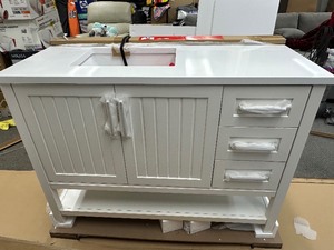 lot 13 image: New Westchester 48 Bathroom Vanity by Martha Stewart White Engineered Stone Countertop Solid Wood Cabinet Construction Soft-close Door Hinges and Drawer Glides & Backsplash