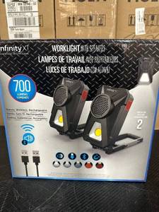 lot 316 image: Infinity X1 Stereo, Wireless, Rechargeable 700 Lumens Worklight with Bluetooth Speakers 2-Pack