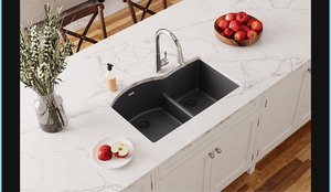 lot 26 image: Elkay Quartz Classic 33x22x10Offset 6040 Double Bowl Undermount Sink with Aqua Divide retail price $697-$893