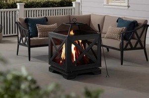 lot 57 image: Hampton Bay Westbury 25.98 in.W Black Steel Wood Outdoor Fire Pit with Cover, Cooking Grate, and Poker Included