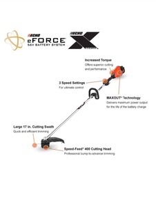 lot 79 image: The ECHO eFORCE 56-Volt DSRM-2600  Series 17 in. Brushless Cordless Battery String Trimmer (Tool Only)- Does Not include Battery retail price $479.00